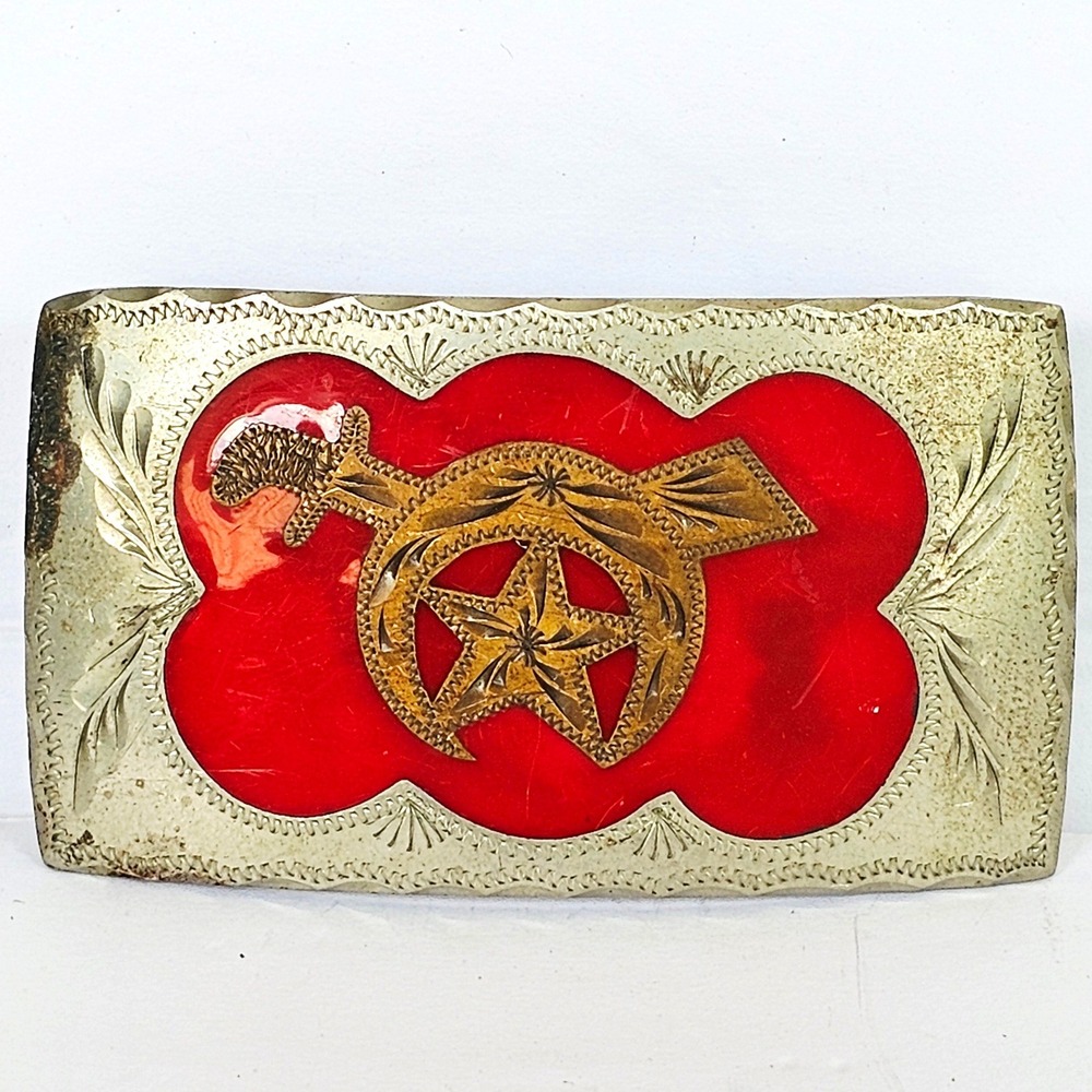Vtg 70s Shriners Masonic Belt Buckle Red Silver Gold Scimitar Crescent Western
